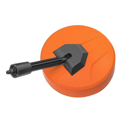BLACKDECKER BZOPACL1 orange and black round surface cleaner attachment, top angle on white background.