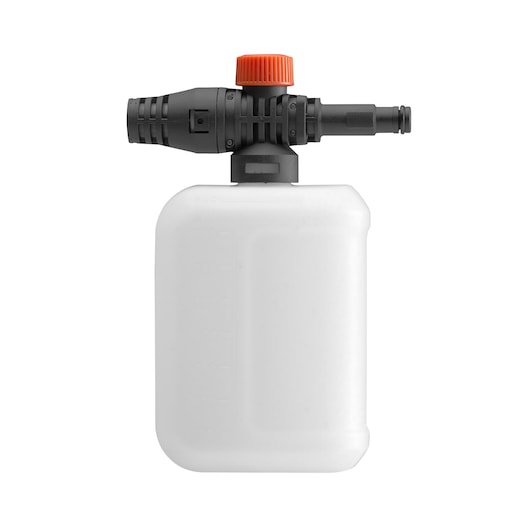 A BLACK+DECKER foam bottle attachment designed for use with pressure washers. It has a white container and a black nozzle with an orange cap.