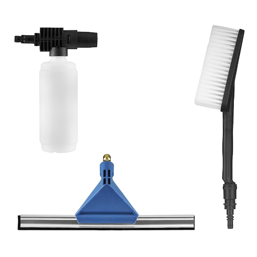 Set of three BLACK+DECKER cleaning accessories for pressure washers, including a foam spray bottle, a cleaning brush with white bristles and black handle, and a window squeegee with a blue plastic mount and metal blade.