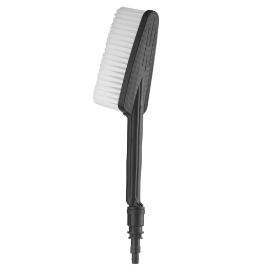 Black plastic cleaning brush with white bristles and an attachment point, designed for use with a pressure washer.