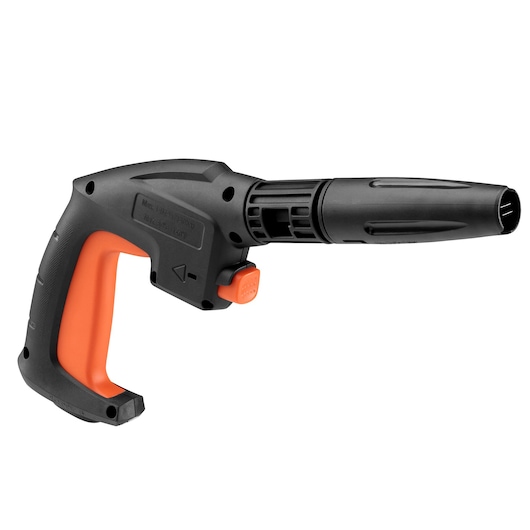 BLACKDECKER BZOSG1 black and orange pressure washer gun, side angle, ergonomic handle, white background.