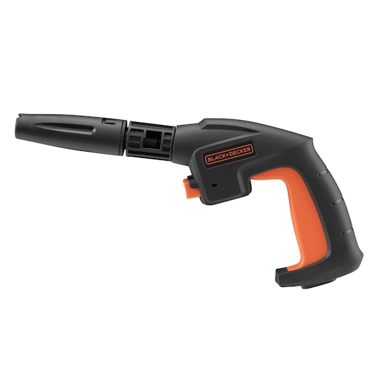 Photo of BLACK+DECKER BZOSG1 black and orange handheld electric screwdriver, side angle on white background.