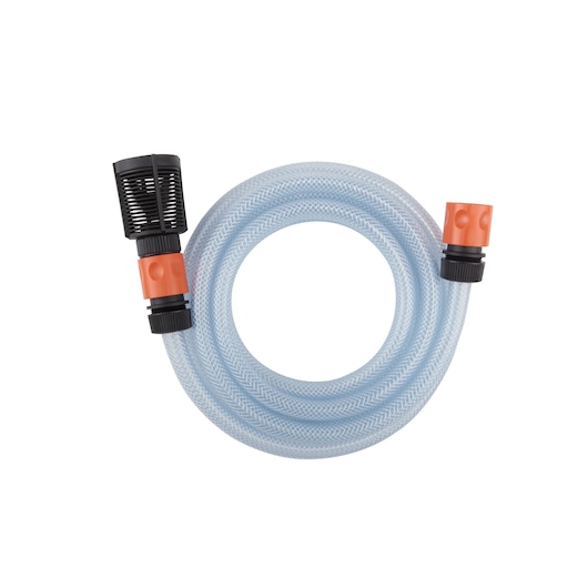 A coiled transparent hose with two orange and black connectors, one of which has a black filter attachment.