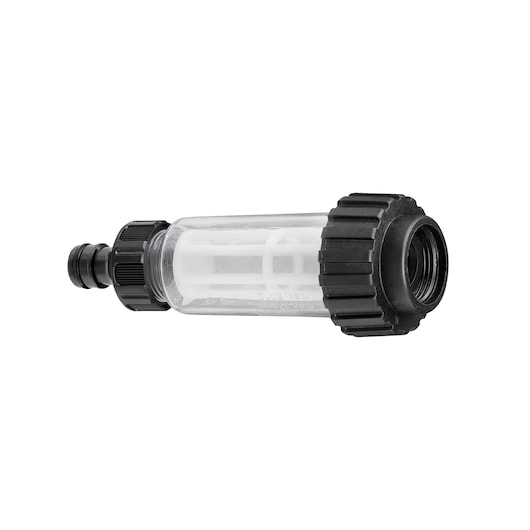 BLACKDECKER BZOTFL1 transparent water filter with black threaded ends, photography, side angle.