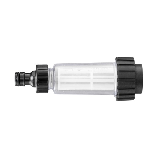 Photo of BLACKDECKER BZOTFL1 transparent inline water filter with black connectors, side view, white background.