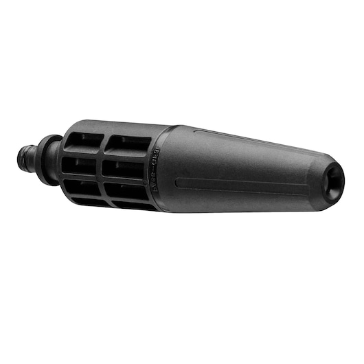 BLACKDECKER BZOTN1 pressure washer nozzle attachment, black, side angle on white background.