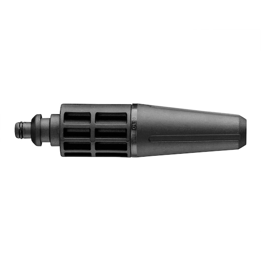 Photo of BLACKDECKER BZOTN1 pressure washer nozzle in black, side angle, plastic body with grooved design.