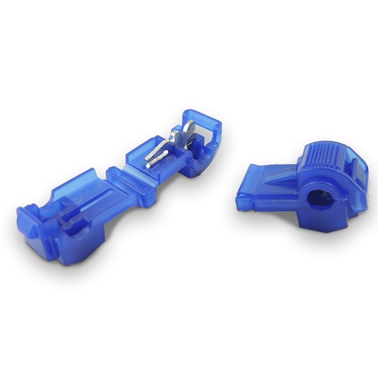 Two blue plastic wire connectors, one open showing internal metal components and one closed, placed on a white background.
