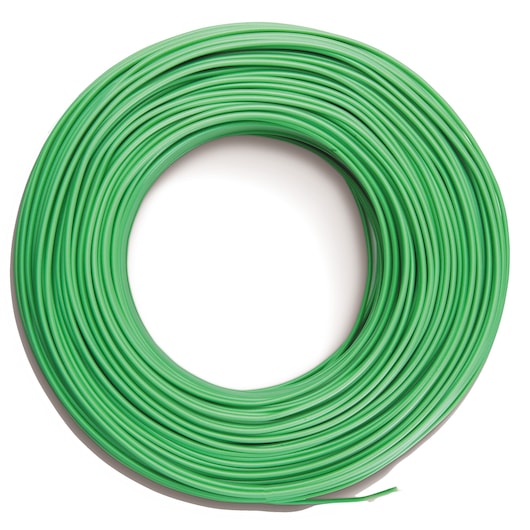A coil of green wire arranged in a circular shape on a white background.