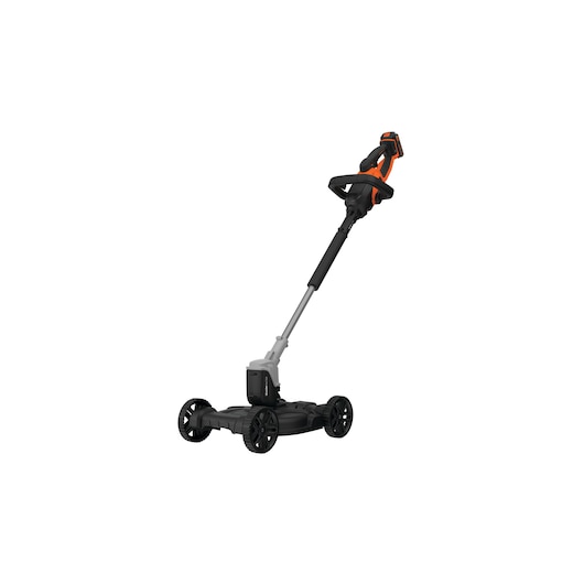 BLACKDECKER CM100 lawn mower attachment, black and orange, side angle, four wheels on white background.