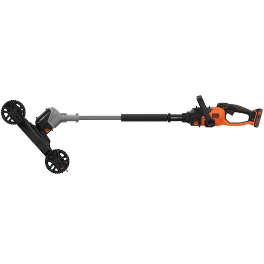 BLACKDECKER CM100 lawn mower attachment with wheels, side angle, orange and black design.