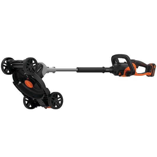 BLACKDECKER CM100 lawn mower attachment, black and orange, side angle, shown on white background.