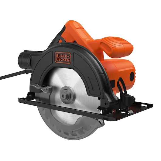 A BLACK+DECKER electric circular saw with an orange and black design, featuring a metal cutting blade and ergonomic handle.