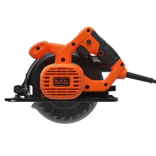A BLACK+DECKER electric circular saw with an orange and black design, featuring a sturdy handle and power cord attached. The saw blade is partially visible beneath the protective casing.