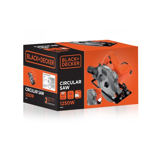 Photo of BLACK+DECKER CS1250L-TR circular saw box, 1250W, orange and black packaging, front angle.