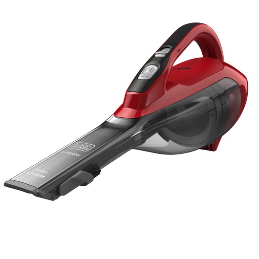 BLACKDECKER DVA315J red handheld vacuum cleaner, side angle, showing lithium battery.