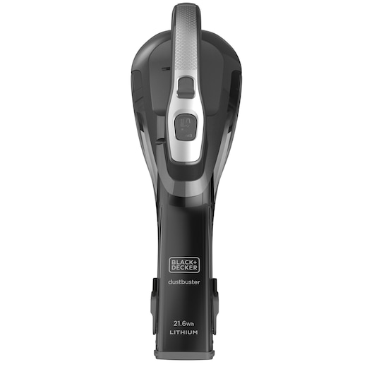 Front view of a BLACK+DECKER Dustbuster handheld vacuum cleaner, model DVA320J, featuring a lithium battery with a capacity of 21.6Wh. The vacuum is black and silver in color, with branding and specifications visible on the body.