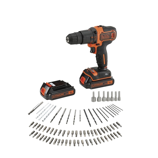 KIT: Taladro Percutor 18V 10mm 40Nm con 2 bat 1,5Ah Litio, cargador, 80 accesorios y maletín