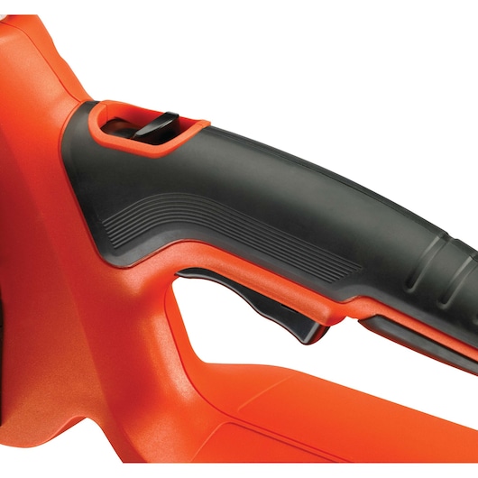 Close-up of BLACKDECKER GKC1825L20 chainsaw handle in black and orange on white background.