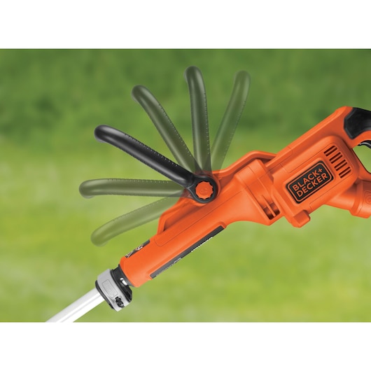 BLACK+DECKER GL9035 grass trimmer handle adjustment, orange and black tool, side angle.