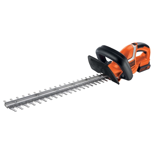 A cordless BLACK+DECKER hedge trimmer with an orange and black handle and a long dual-action blade, suitable for trimming hedges and bushes.