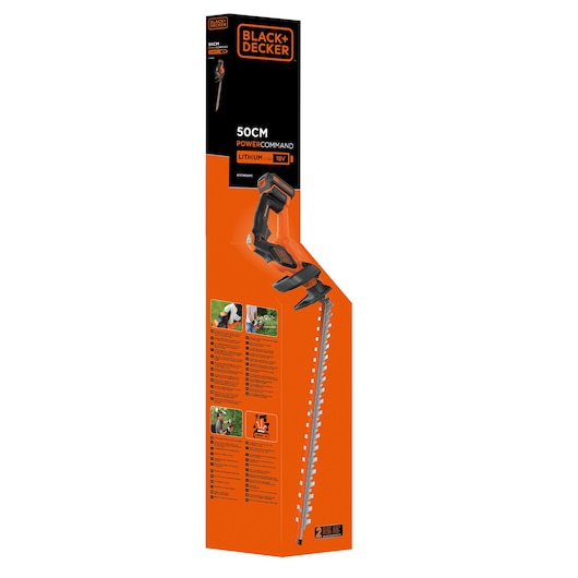 BLACK+DECKER GTC18502PC hedge trimmer packaging, orange and black with product image and 50cm 18V Lithium Power Command features, front angle.