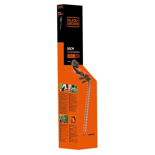 Photo of BLACK+DECKER GTC18504PC hedge trimmer packaging, orange and black box with product image and features, side view.