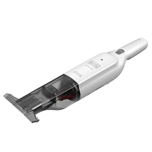 BLACKDECKER HLVC315B11 white handheld cordless vacuum cleaner, angled side view on white background.
