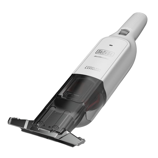 BLACKDECKER HLVC315B11 cordless lithium handheld vacuum, white and black, angled product photo.
