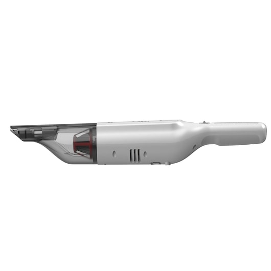 BLACKDECKER HLVC315B11 handheld vacuum cleaner, side angle, white and grey design, photography on white background.