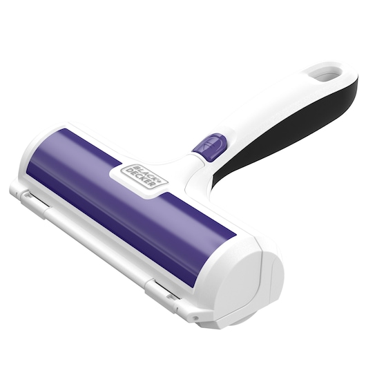 BLACKDECKER pet hair remover HMSCT0001, white and purple, angled view on white background.