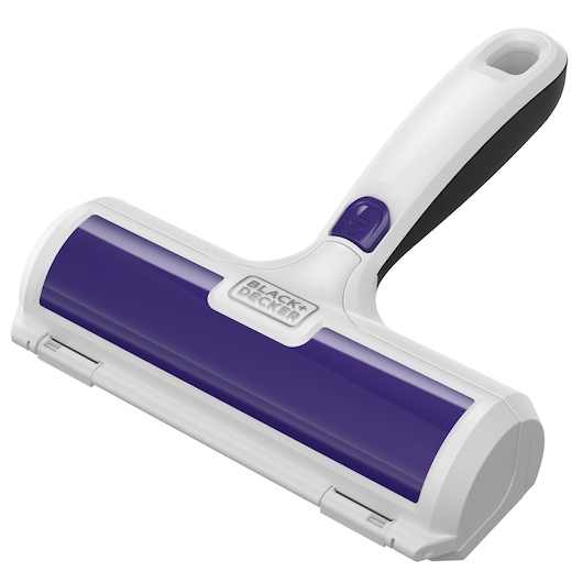 BLACKDECKER pet hair remover roller HMSCT0001, white and purple, front angle on white background.