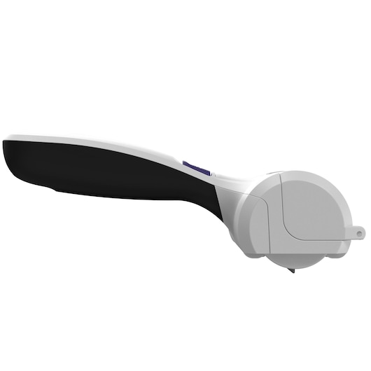 BLACKDECKER HMSCT0001 handheld can opener, side angle, black and white plastic body.