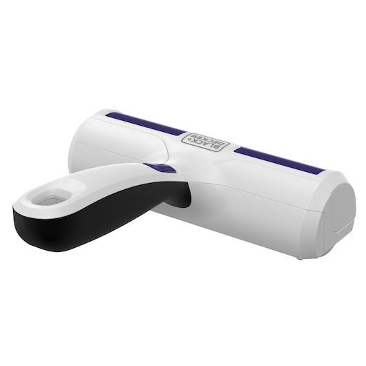 BLACKDECKER HMSCT0001 white and black handheld lint remover, angled view on white background.