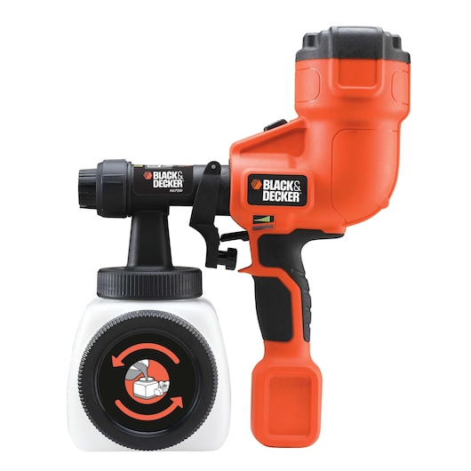A BLACK+DECKER HVLP200 handheld paint sprayer with an orange and black body, a white paint container attached below, and a branded label on both the sprayer and container.