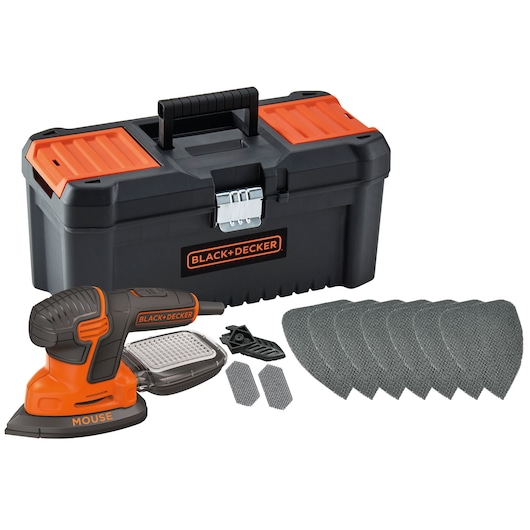 A BLACK+DECKER tool set featuring a toolbox, a mouse-shaped electric sander, sanding sheets, and sander accessories. The toolbox is black with orange accents and a metal latch.