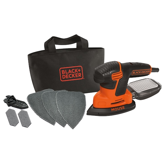 BLACK+DECKER KA2000 mouse detail sander kit with sanding pads, accessories, and carrying bag, front angle.