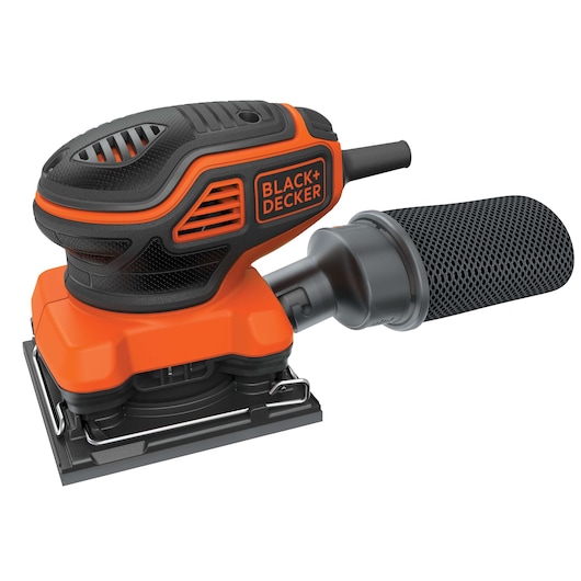 A BLACK+DECKER electric sander with a rectangular sanding base and a dust collection attachment, shown in orange and black colors.