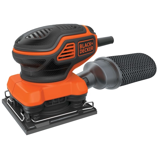 A BLACK+DECKER electric sander with an orange and black body and a dust collection attachment.