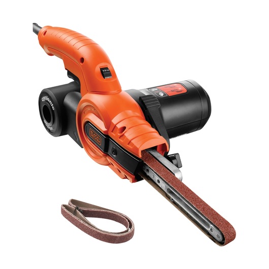 BLACK+DECKER KA900E electric file sander with orange and black body shown at angle on white background with sanding belt.