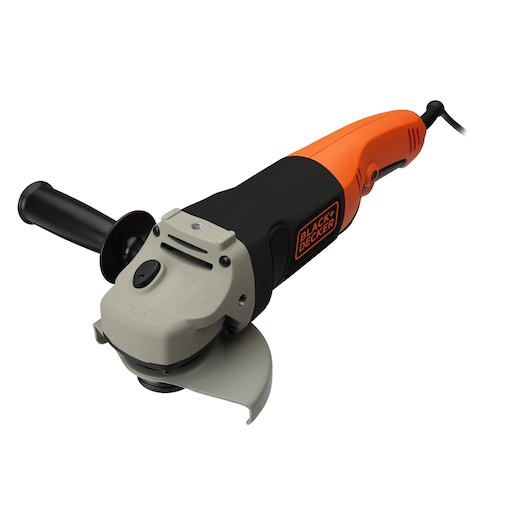 A BLACK+DECKER electric angle grinder with an orange and black handle, side handle, and protective guard over the grinding disc.