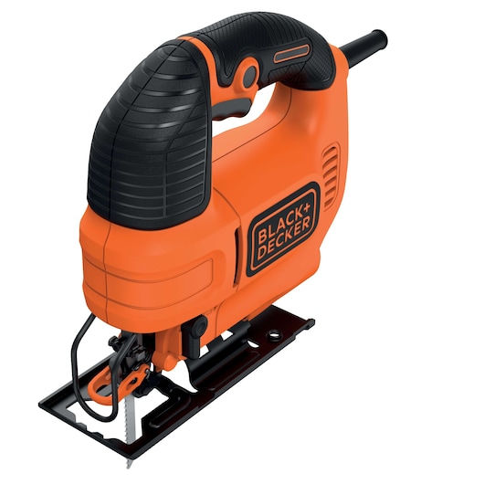 A BLACK+DECKER electric jigsaw with an orange and black design. The tool features a ergonomic handle, a visible blade, and a sturdy base for making precise cuts in wood or other materials.