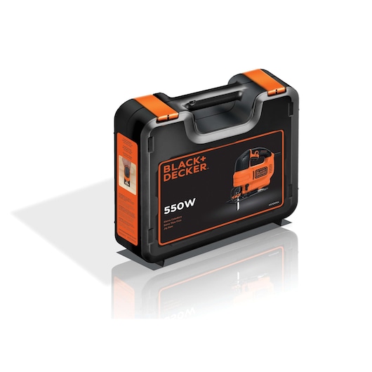 A BLACK+DECKER branded carrying case for a 550W jigsaw, shown in black and orange with a handle and product image on the front.