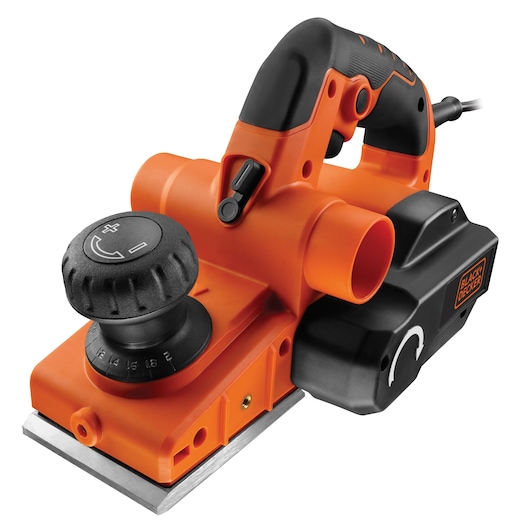 A BLACK+DECKER electric hand planer with an orange and black design, featuring a front adjustment knob, ergonomic handle, and visible metal base.