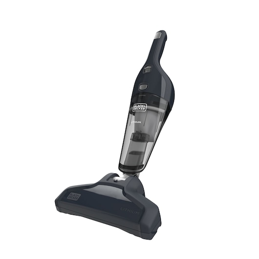 BLACKDECKER NSVA315J cordless hand vacuum, dark gray, side angle on white background.