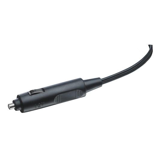 A close-up image of a black 12V car cigarette lighter plug with cable, used as a power connector for electronic devices.