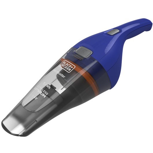 BLACKDECKER NVC115WA handheld cordless vacuum blue and black, side view, clear dustbin.