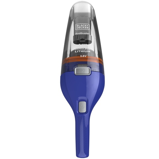 BLACKDECKER NVC115WA handheld cordless vacuum blue front angle, clear dustbin, orange accent.