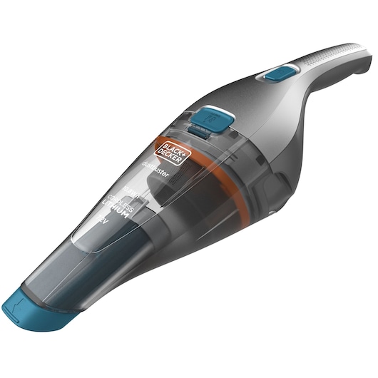 A BLACK+DECKER handheld cordless vacuum cleaner with a transparent dust container and blue accents, model NVC215WA, designed for easy portable cleaning.