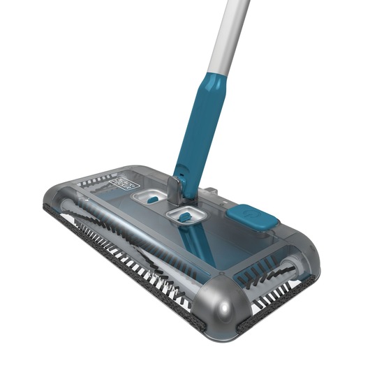 Close-up view of a BLACK+DECKER floor sweeper with a blue and grey handle. The sweeper head features rotating brushes and a transparent cover, designed for cleaning floors.